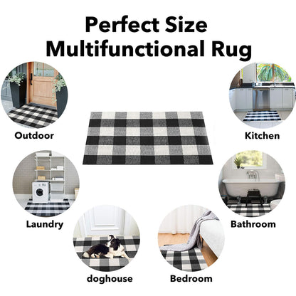 Cotton Buffalo Plaid Rugs 27.5"x43"(2.3'x3.6'),Complete Home Rug Hand-Woven, Indoor/Outdoor Use,Black & White Checkered Rug-Layered Door Mats, Washable for Front Porch, Kitchen, Farmhouse