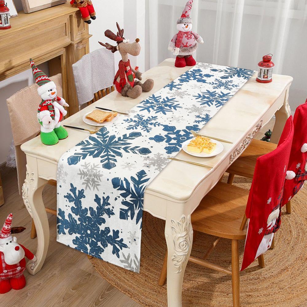 Heirloom Haven Christmas Winter Table Runner, Blue Sliver Snowflakes Tabletop Runners Xmas Seasonal Holiday Table Decorations for Farmhouse Kitchen Dinning Home Indoor Party Decor 13x72in