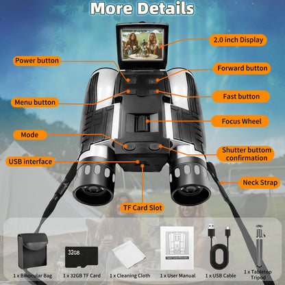 12x32 Binoculars for Adults, Digital Binoculars with Camera 5MP Photo Full HD Video 2" LCD Display Screen with 32GB Micro SD Card for Bird Watching Hunting Football Concerts Theatre (Silver)