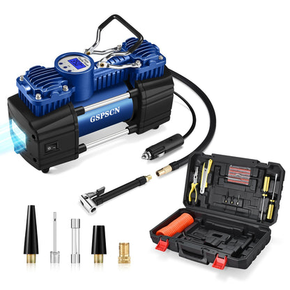 GSPSCN Portable Air Compressor Pump Tire Inflator with Digital Gauge, Heavy Duty Double Cylinder 12V Tire Pump 150 PSI with Tire Repair Kit and Toolbox for Auto,SUV,Off-Road,Truck,Bike (Blue)