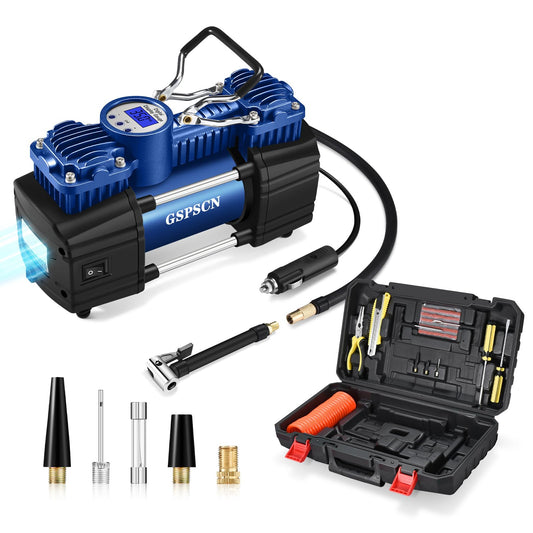 GSPSCN Portable Air Compressor Pump Tire Inflator with Digital Gauge, Heavy Duty Double Cylinder 12V Tire Pump 150 PSI with Tire Repair Kit and Toolbox for Auto,SUV,Off-Road,Truck,Bike (Blue)