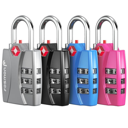Fosmon TSA Approved Locks for Luggage. Suitcase Locks with Open Alert Indicator, 3 Digit Combination Padlock with Alloy Body for Travel, Backpack Zipper Anti Theft, Locker, Gym, Gun Case, Tent- 4 Pack