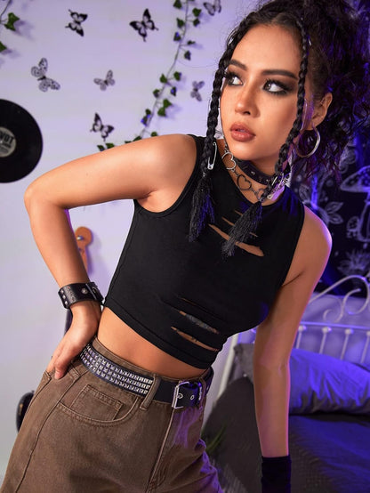 Floerns Women's Cut Out Sleeveless Round Neck Punk Rock Solid Ripped Crop Tank Top Black M