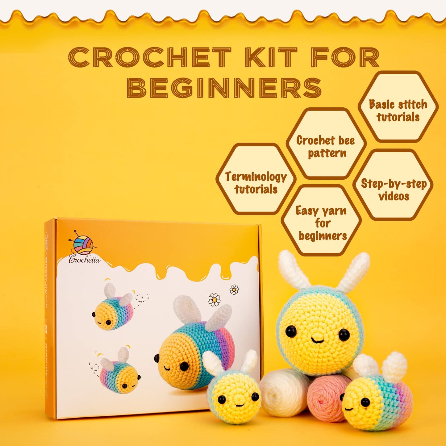 Crochetta Crochet Kit for Beginners - Starter Kit with Video Tutorials for Adults & Kids, Knitting Kit with 3 Bee Family (40%+ Yarn)