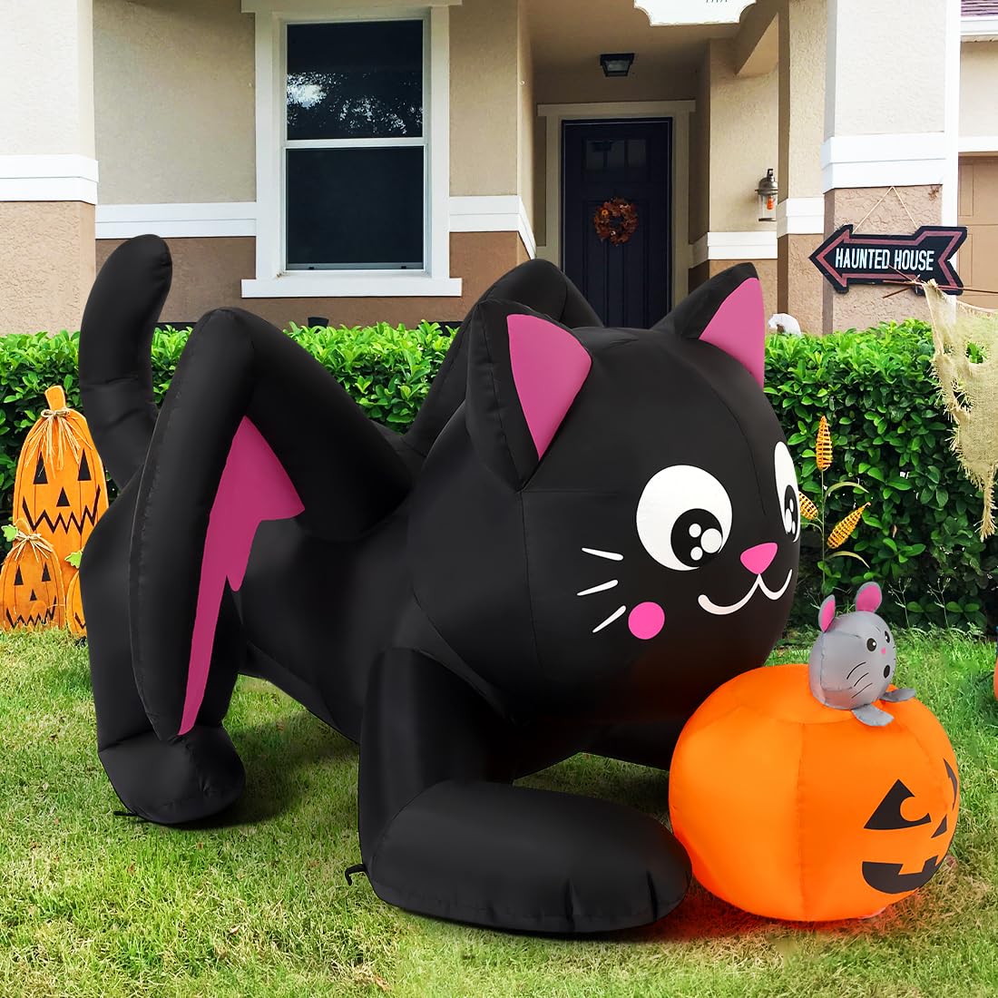 COMIN 5 FT Halloween Inflatables Cat Outdoor Decorations Blow Up Yard Pumpkin with Built-in LEDs for Indoor Party Garden Lawn Decor