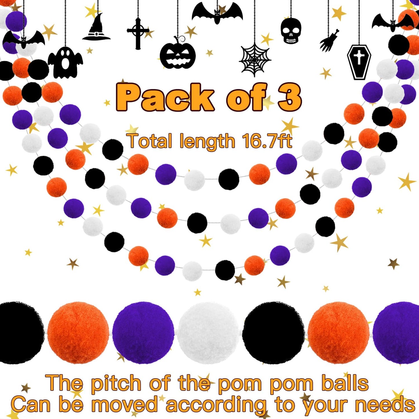 Jishi Fall Event Garlands, 3pk Orange Black White Felt Pom Pom Garland, 6.6ft Long, 25mm 24 Balls, Halloween Thanksgiving Party Decor