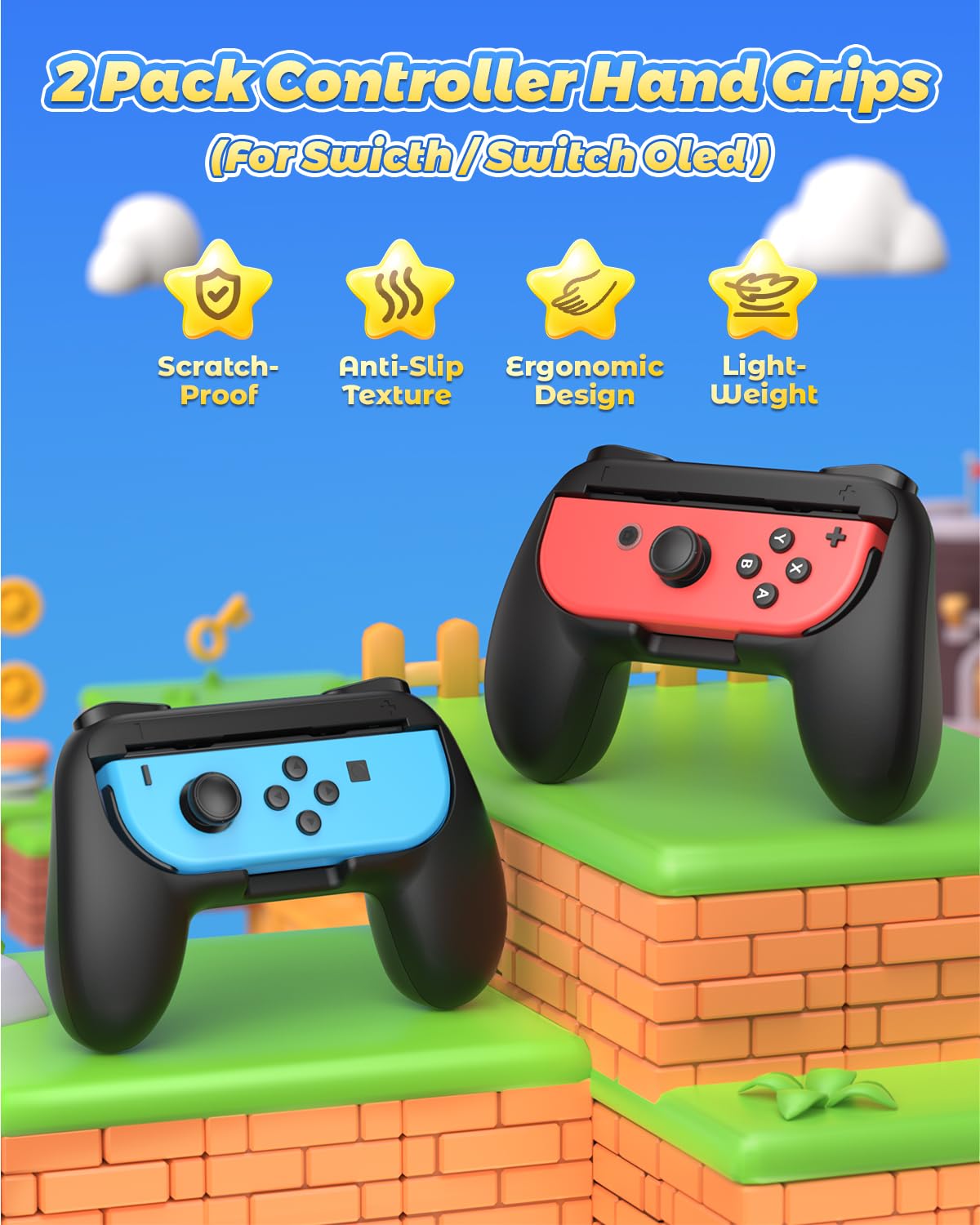 FYOUNG Hand Grips for Switch and Switch OLED Model Controllers, Grip for Switch for Joy Con - Black(2 Packs)