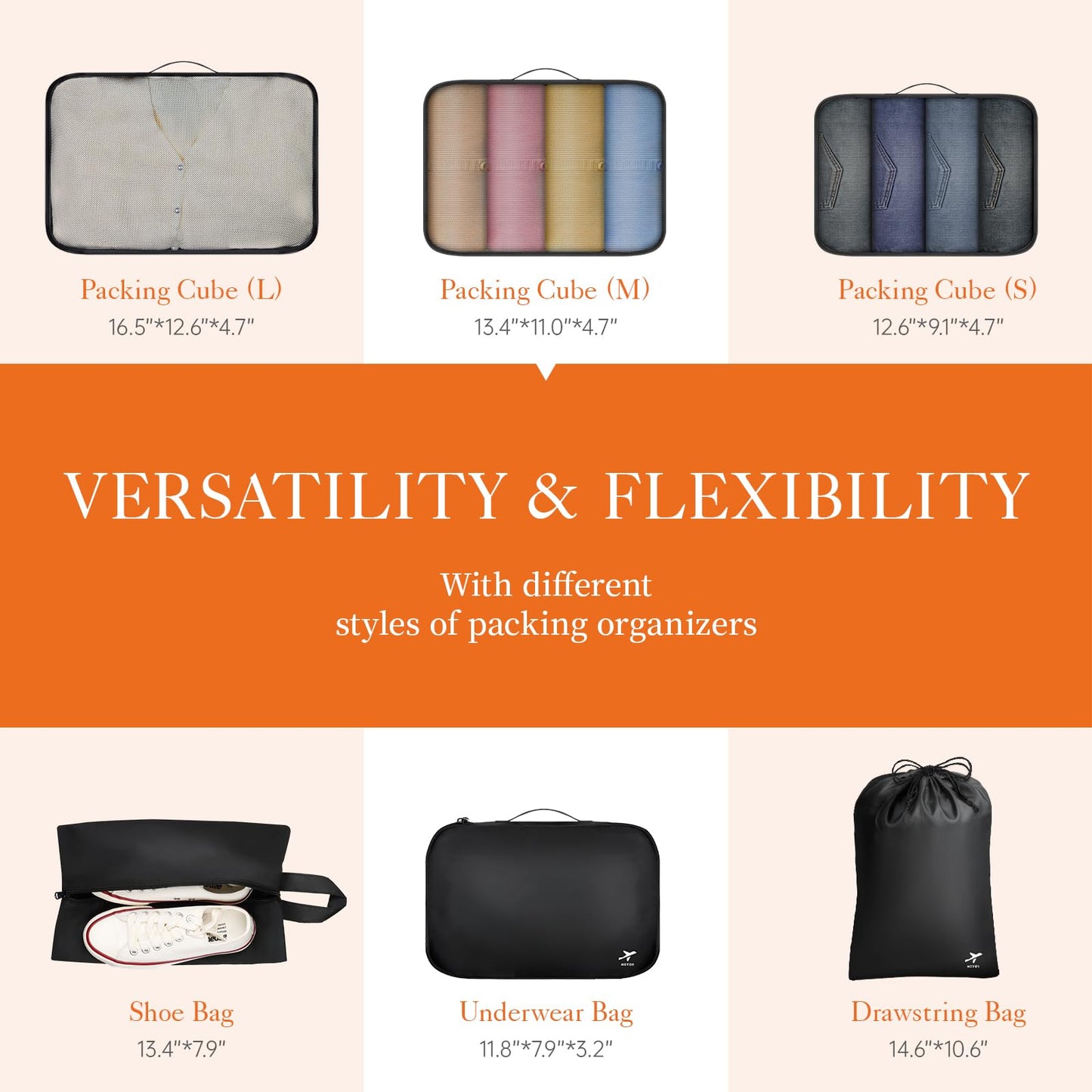 HOTOR Packing Cubes for Suitcases - 6 Pieces, Light Packing Cubes for Travel, Premium Suitcase Organizer Bags Set, Space-Saving Luggage Organizers, Travel Accessories and Essentials, Black