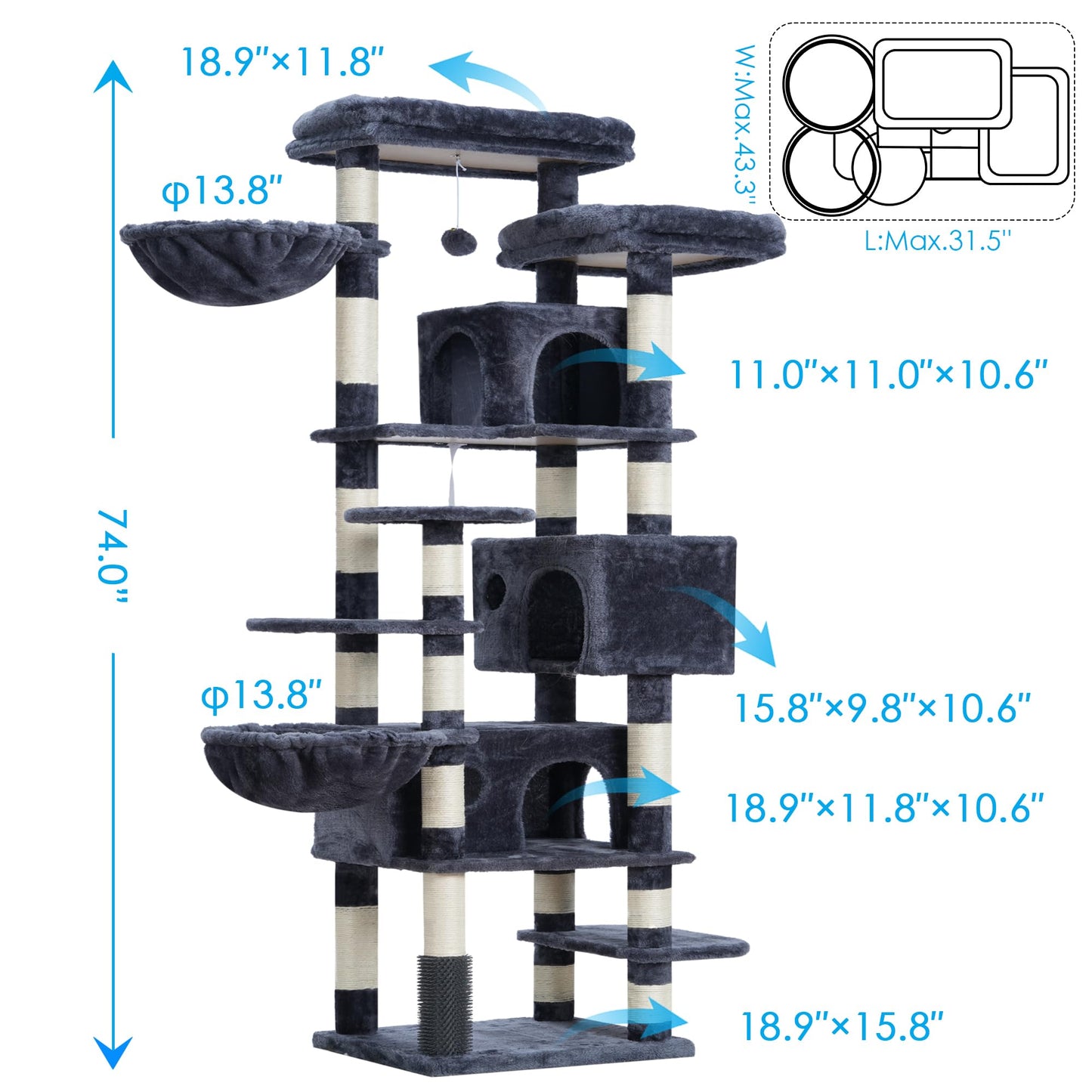 Hey-brother Cat Tree, 74 inches Multi-Level XL Large Cat Tower for Indoor Cats with Three Cat Condos, Two Large Top Decks and Cat Hairbrushfor Kittens, Cats and Pets, Smoky Gray MPJ035-MG