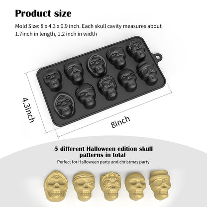 10-Cavity 3D Skull Mold Set,Silicone Ice Cube Mold Maker,for Chilling Whiskey Cocktail Beverages Pudding Chocolate Non-Stick Sugar Mold (3 pcs)