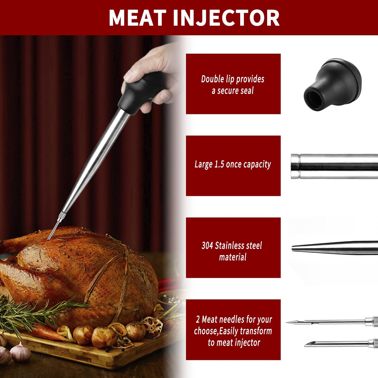 JY COOKMENT Stainless Steel Turkey Baster Baster Syringe for Cooking Meat Injector Set with 2 Marinade Needles 1 Cleaning Brush for Home Baking Kitchen Tool