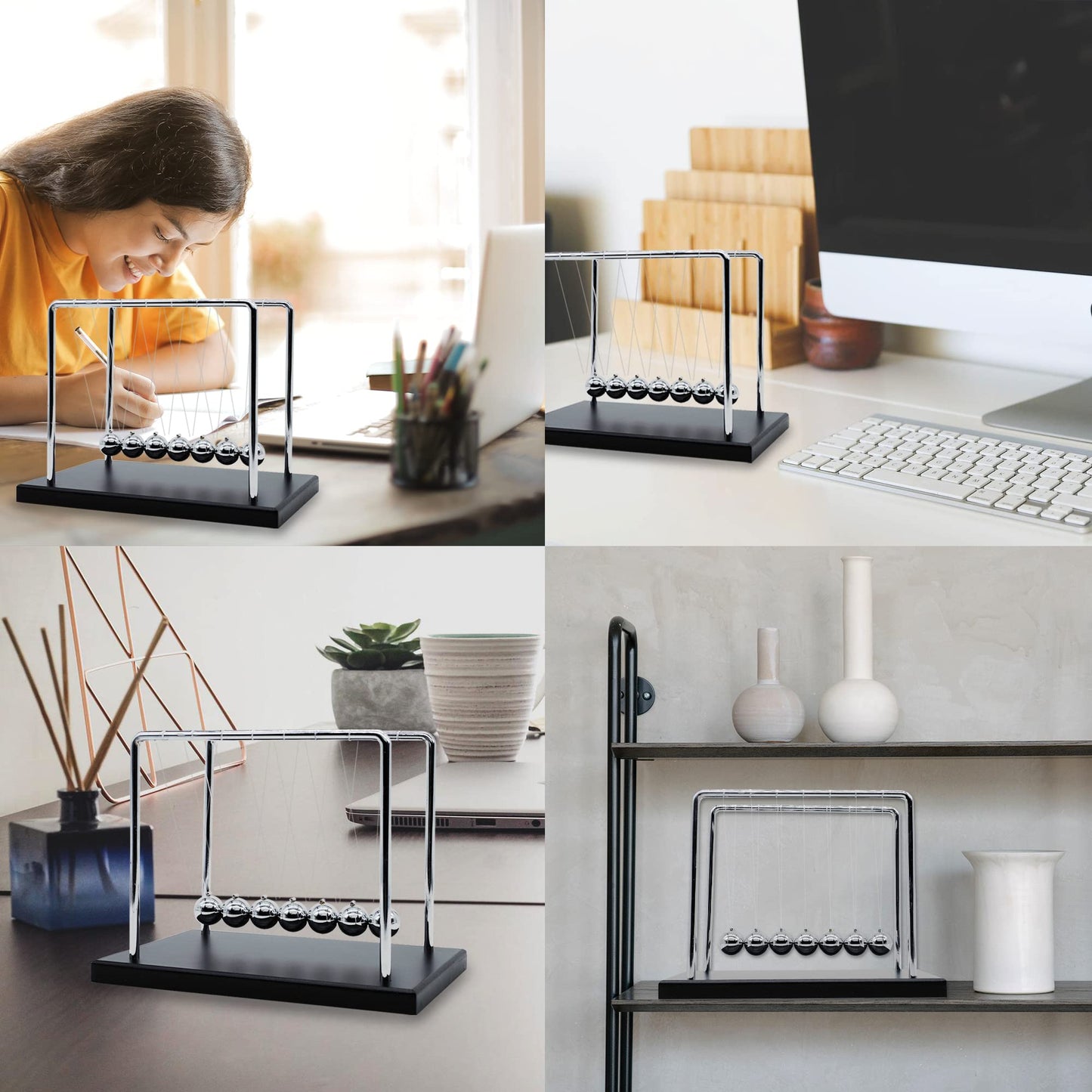 Large Newtons Cradle Pendulum with 7 Balls, 9inch Newtons Cradle Balance Balls, Science Physics Desk Toys, Office Home Desk Decoration, Calm Down Fidgets (Black Wooden Base)