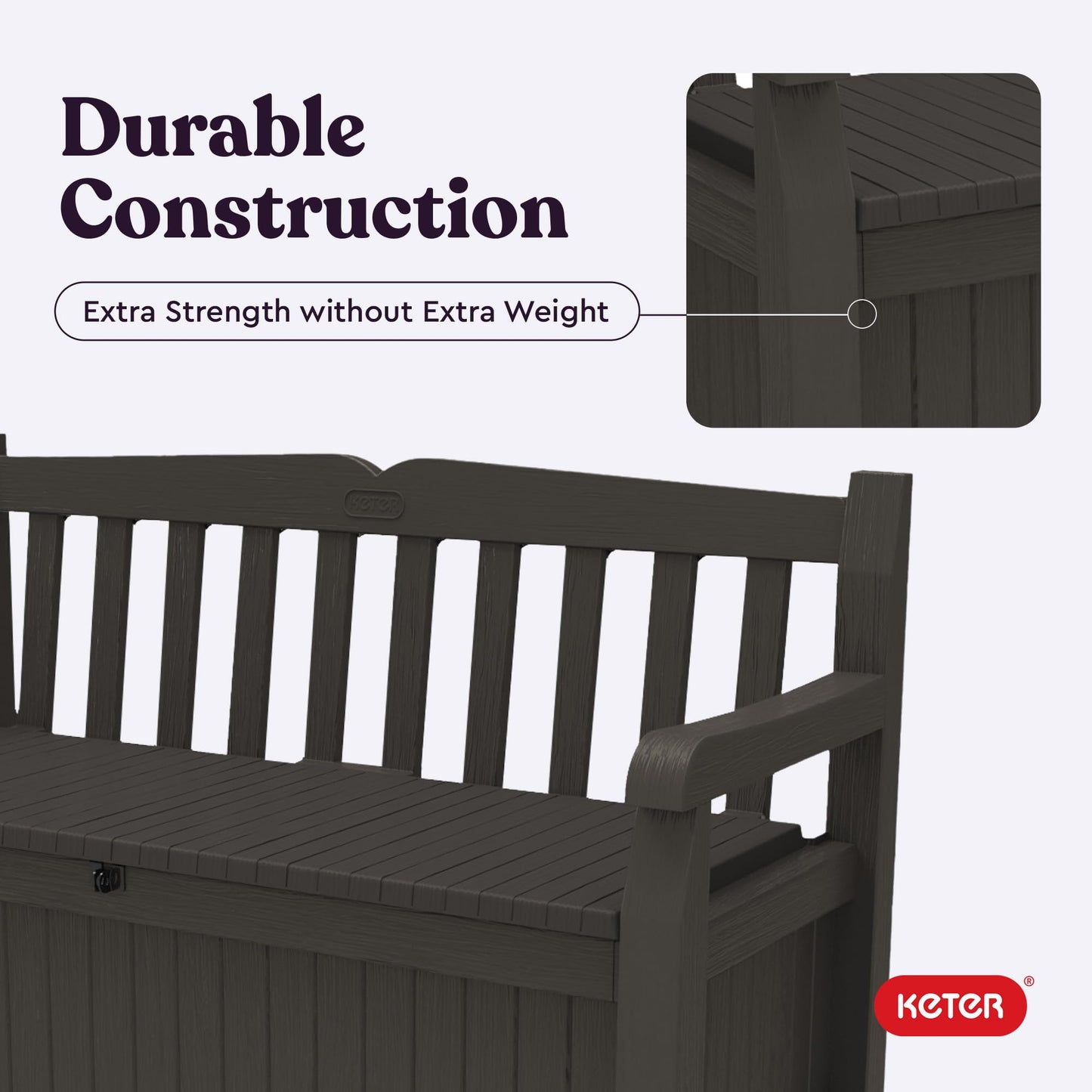 Keter Solana 70 Gallon Storage Bench Deck Box for Patio Furniture, Front Porch Decor and Outdoor Seating – Perfect to Store Garden Tools, Brown/Brown