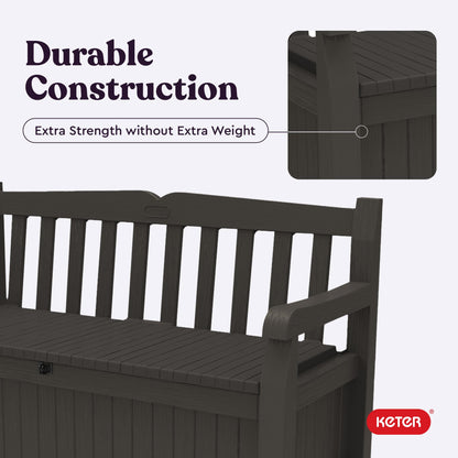 Keter Solana 70 Gallon Storage Bench Deck Box for Patio Furniture, Front Porch Decor and Outdoor Seating – Perfect to Store Garden Tools, Brown/Brown