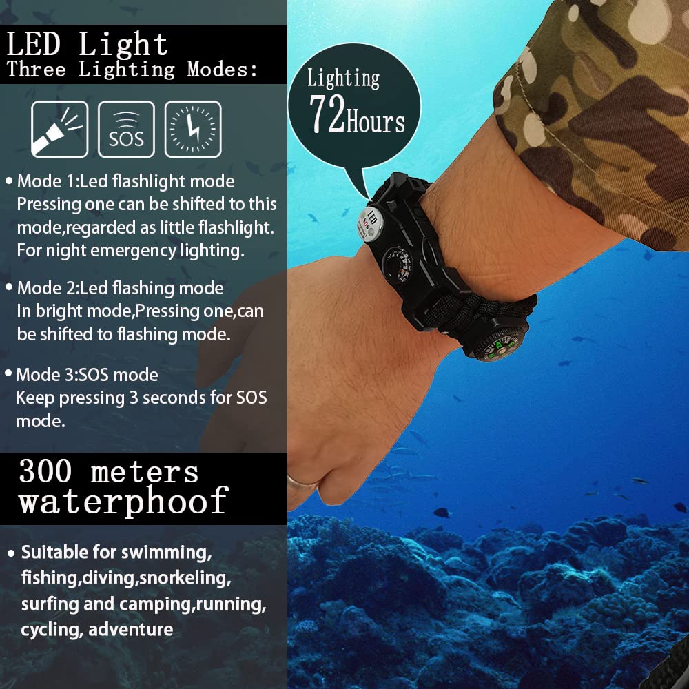 Daarcin 1pcs Survival Paracord Bracelet,Fire Starter,SOS Light, Compass,Thermometer, Whistle, Adjustable AK87 21 in 1,Outdoor Ultimate Survival Tactical Gear Set,Men