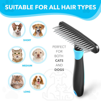 DOGI Deshedding Brush - Undercoat Rake for Dogs, Cats, Matted, Short, Long Hair Coats - Double Row Stainless Steel Pins - Reduce Shedding by 90% (Blue)