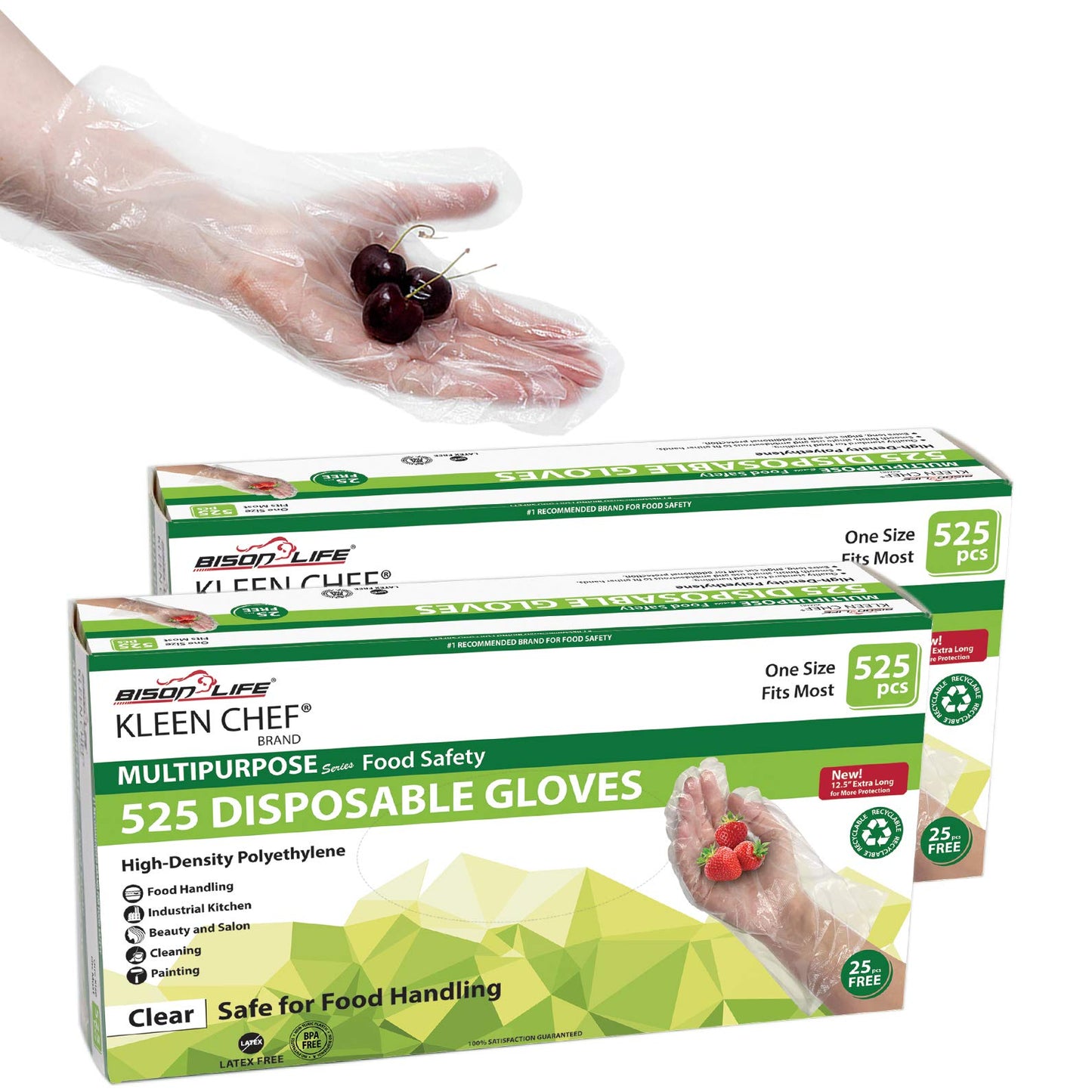 KLEEN CHEF Disposable Food Handling Long Cuff Poly Gloves | One Size Fits Most, 525 per Box (2 Boxes)