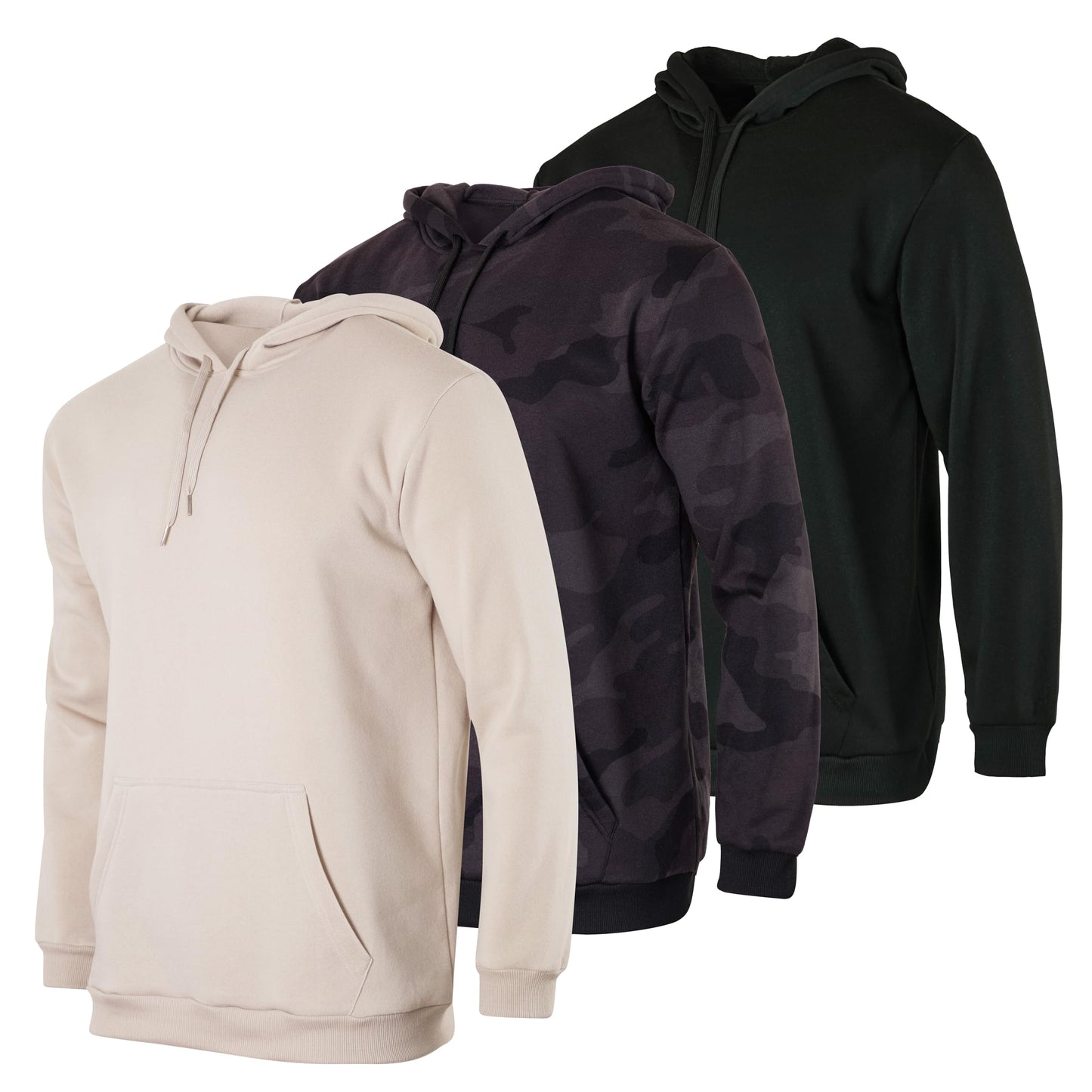 Real Essentials 3 Pack: Men's Fleece Pullover Hoodie - Long Sleeve Hooded Sweatshirt Pockets (Available in Big & Tall)-Set 4, Large