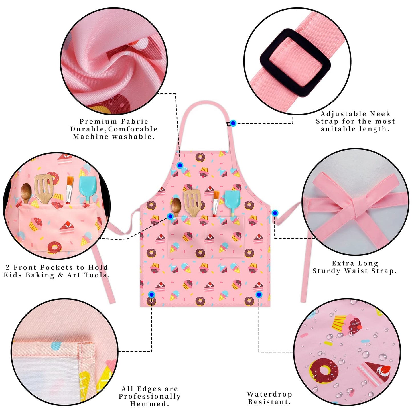 DEABOLAR Kids Aprons for Girls Toddler Donut Aprons with Pockets for Kids Cooking Baking Painting Crafting Art Gardening Adjustable, Machine Washable