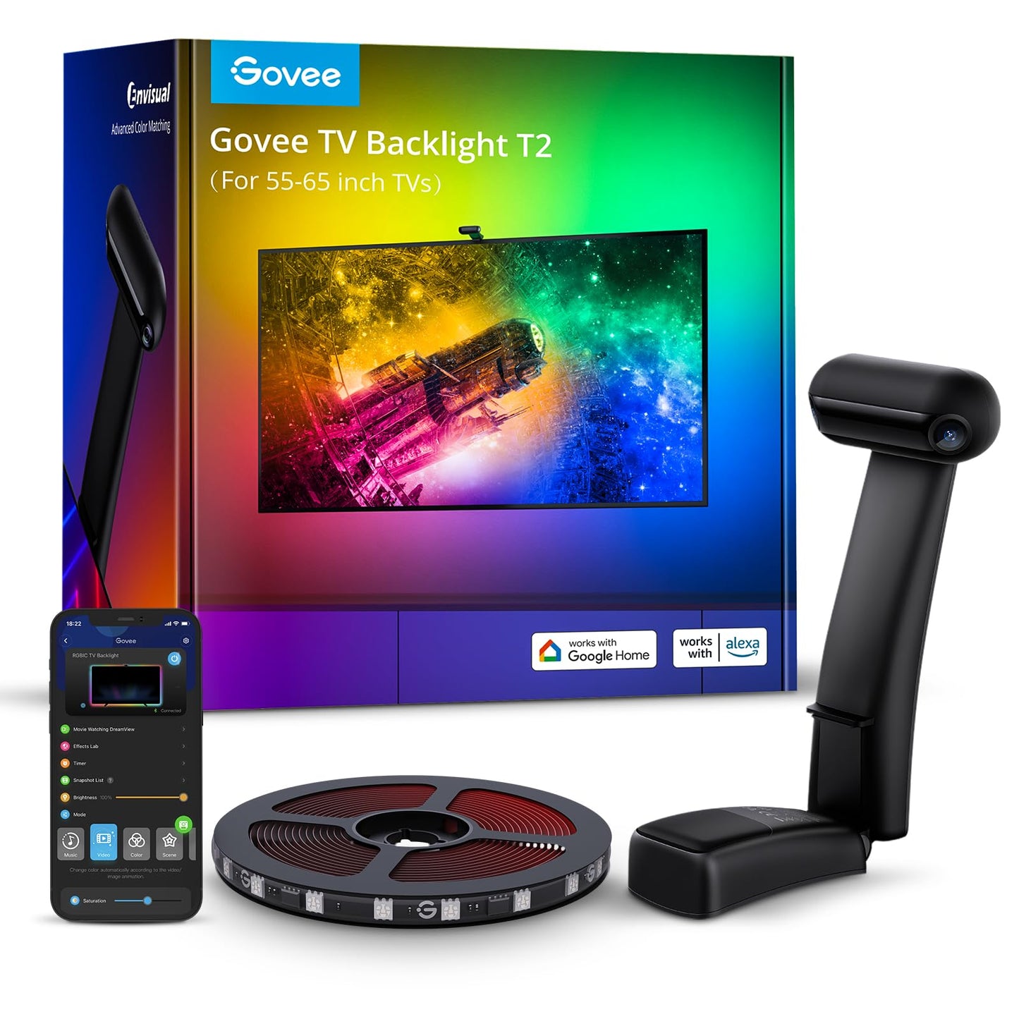 Govee Envisual TV LED Backlight T2 with Dual Cameras, 11.8ft RGBIC Wi-Fi LED Strip Lights for 55-65 inch TVs, Double Strip Light Beads, for Home Decorations, Smart App Control, Music Sync