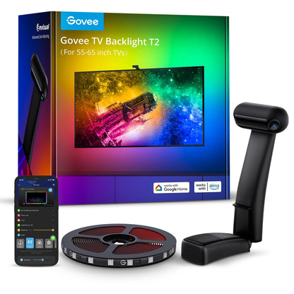 Govee Envisual TV LED Backlight T2 with Dual Cameras, 11.8ft RGBIC Wi-Fi LED Strip Lights for 55-65 inch TVs, Double Strip Light Beads, for Home Decorations, Smart App Control, Music Sync