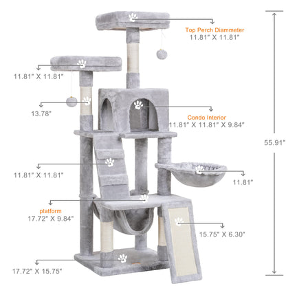 Heybly Cat Tree, Cat Tower for Indoor Cats, Multi-Level Cat Furniture Condo for Cats with Padded Plush Perch, Cozy Basket and Scratching Board, Light Gray HCT014W