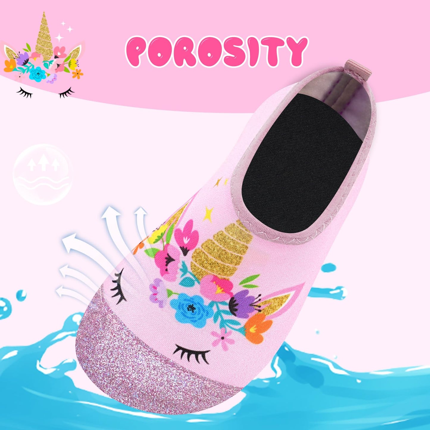 Kids Water Shoes Girls Boys Outdoor Quick Dry Barefoot Aqua Socks for Toddler Sport Beach Swim Surf A-Bling Unicorn 1-2 Big Kid