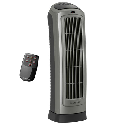 Lasko Portable Oscillating Ceramic Space Heater Tower with Digital Display, Remote Control, 2 Heat Settings and 8 Hour Timer, Gray