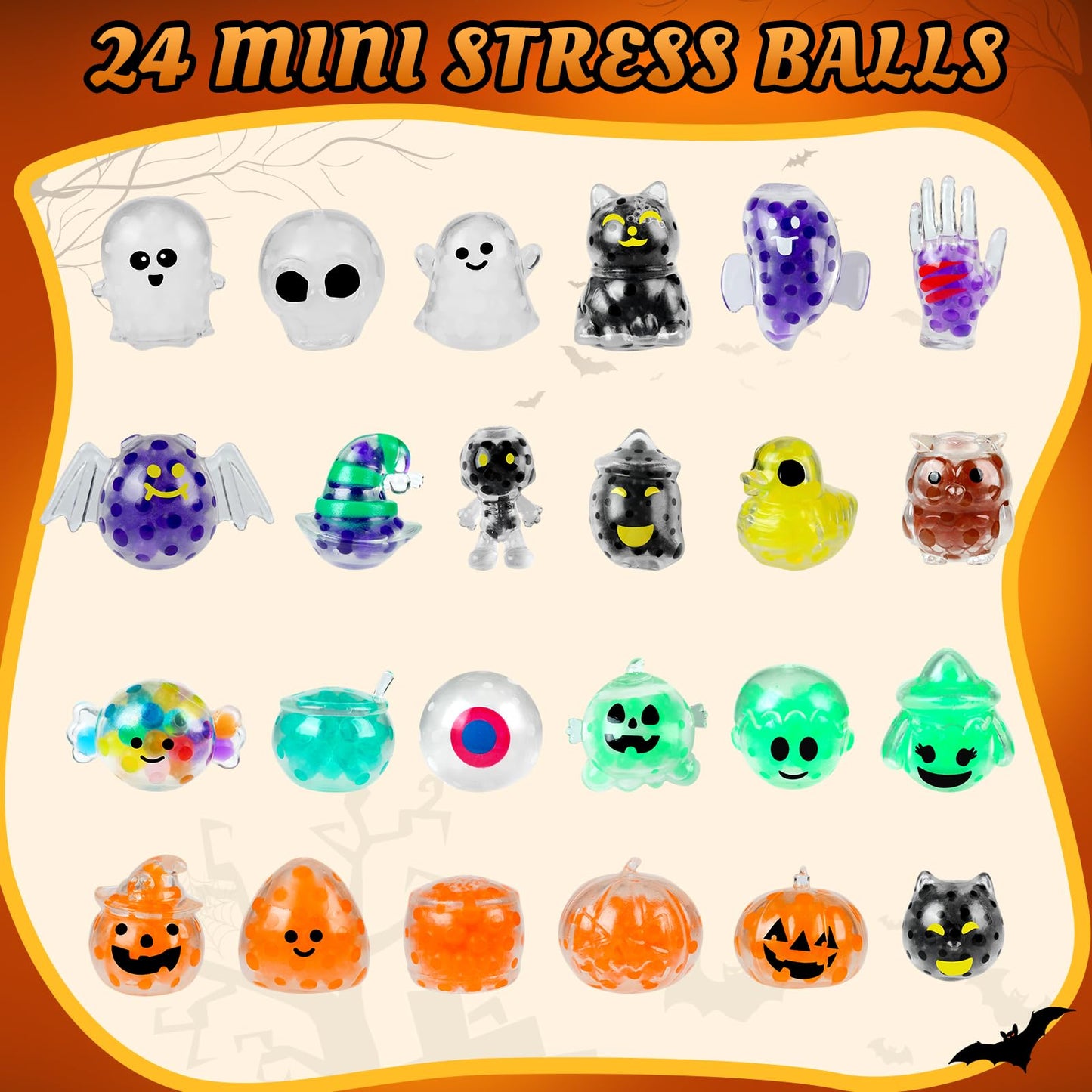 24Packs Halloween Stress Balls,Squishy Balls,Squishy Squeeze Balls Bulk Fidget Toys for Adults,Stress Relief Balls, Party Favors
