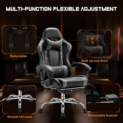 Elevon Ergonomic Video Game Computer Chairs with Footrest & Comfortable Lumbar Support,Height Adjustable Reclining Chair in PU Leather with Headrest and Fixed Armrests, 360° Swivel, Black&Grey