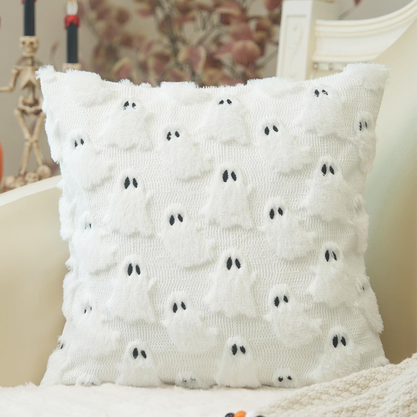 GEEORY Halloween Ghost Soft Plush Pillow Covers, 18 x 18 Inch Set of 2, Fluffy Faux Fur Wool Decorative Farmhouse Cushion Case for Sofa Home Decoration White GC026-18