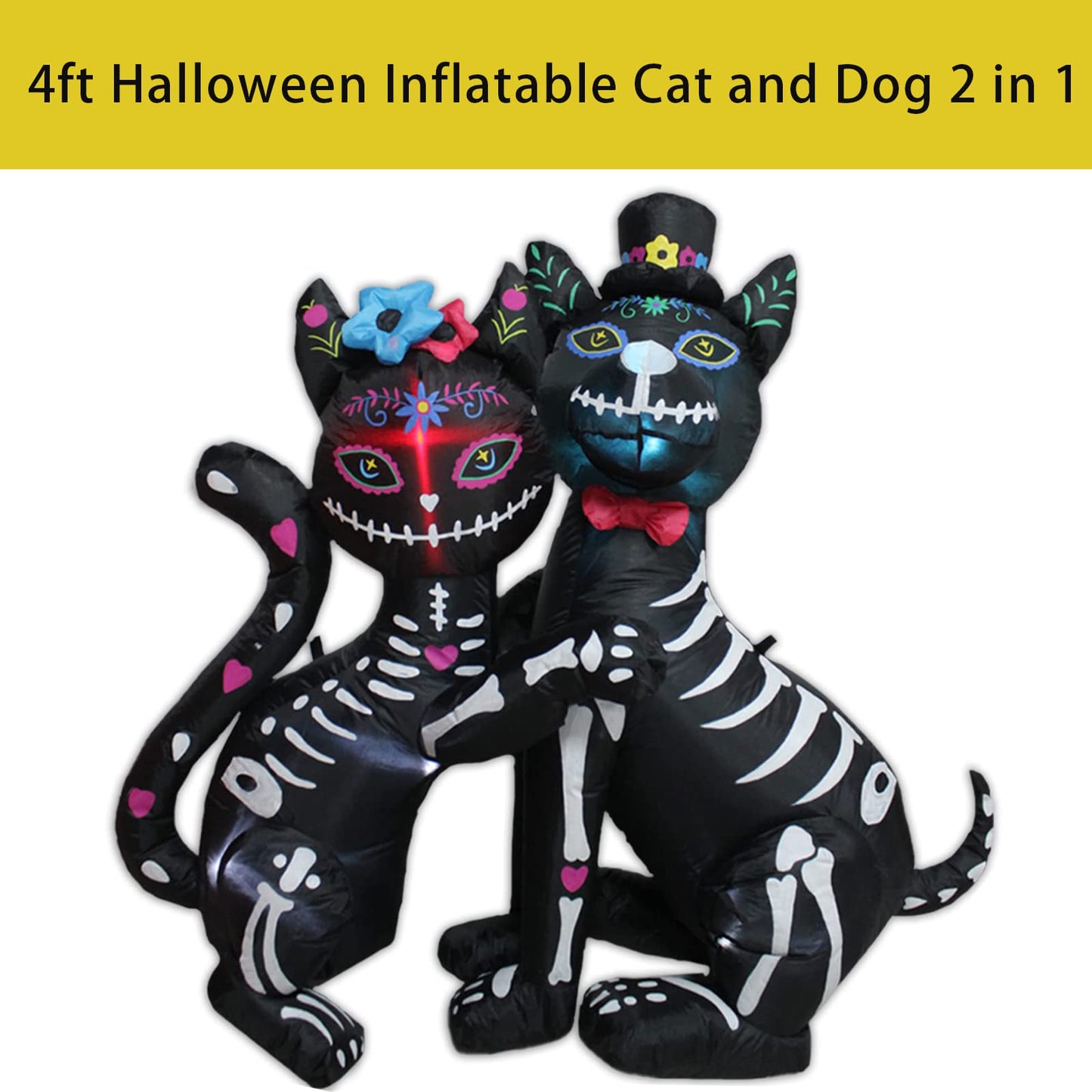 KITBONIS 4 Ft Halloween Inflatables Cat and Dog Day of The Dead Decorations Inflatable, Halloween Inflatables Outdoor Decorations with Built-in LED Lights for Front Yard Lawn Garden Party