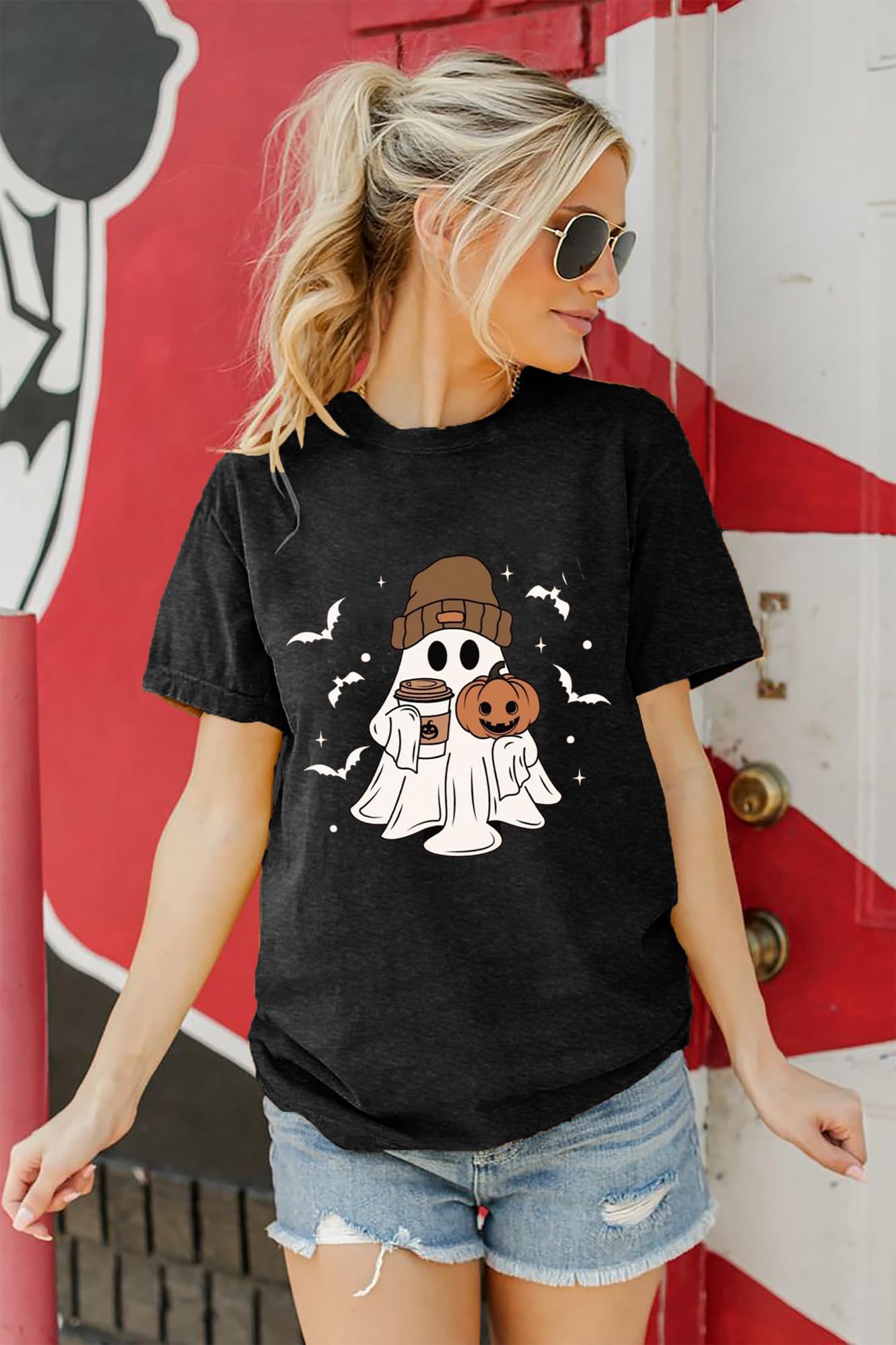 Cute Halloween Shirts for Women Funny Ghost Coffee Shirt Halloween T Shirts Black M