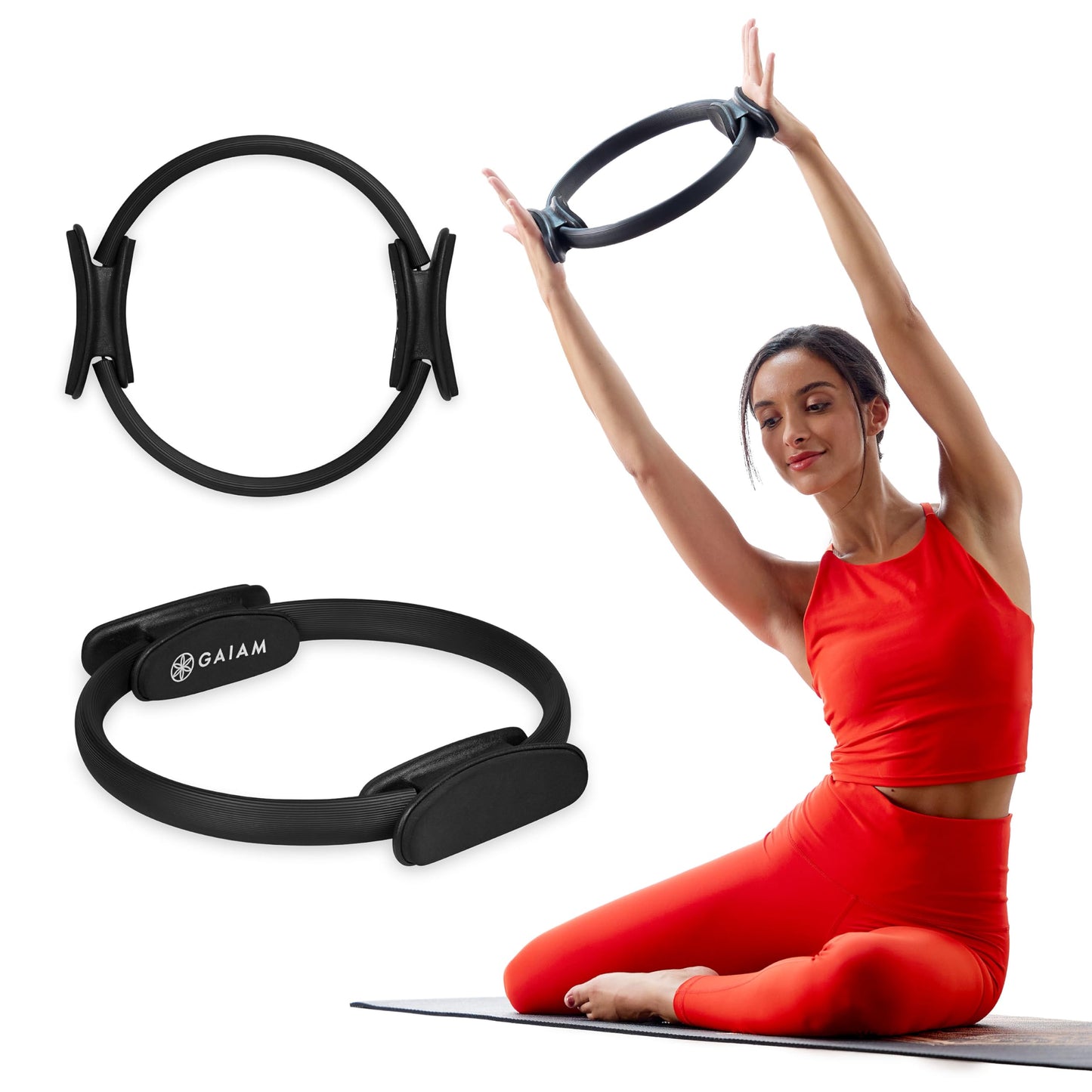 Gaiam Pilates Ring 15" Fitness Circle - Lightweight & Durable Foam Padded Handles | Flexible Resistance Exercise Equipment for Toning Arms, Thighs/Legs & Core, Black