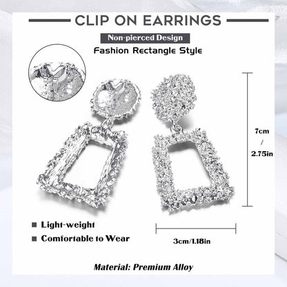 Diamday Earring Clip for Women Gold Hot Pink Ear Clips Women Without Pierced Ears Large Rectangular Geometric Dangle Earrings Fake Earrings Gold Earrings Non Piercing