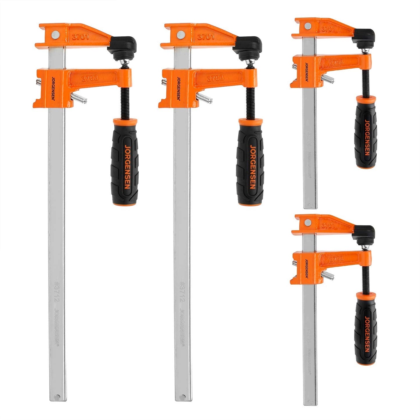 JORGENSEN 4-pack Steel Bar Clamps Set, 6-inch (2) & 12-inch (2) Medium Duty F-Clamp, 600 Lbs Load Limit, for Woodworking