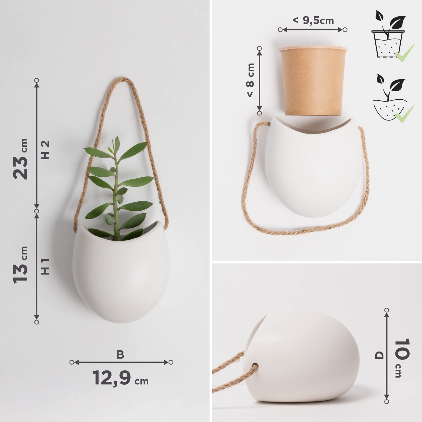 Kazai. Wall Planters -Ellie- | Hanging Ceramic Plant Pots 3 Pieces | Wall Decoration for Indoors, Balcony and Garden | White (Matte)