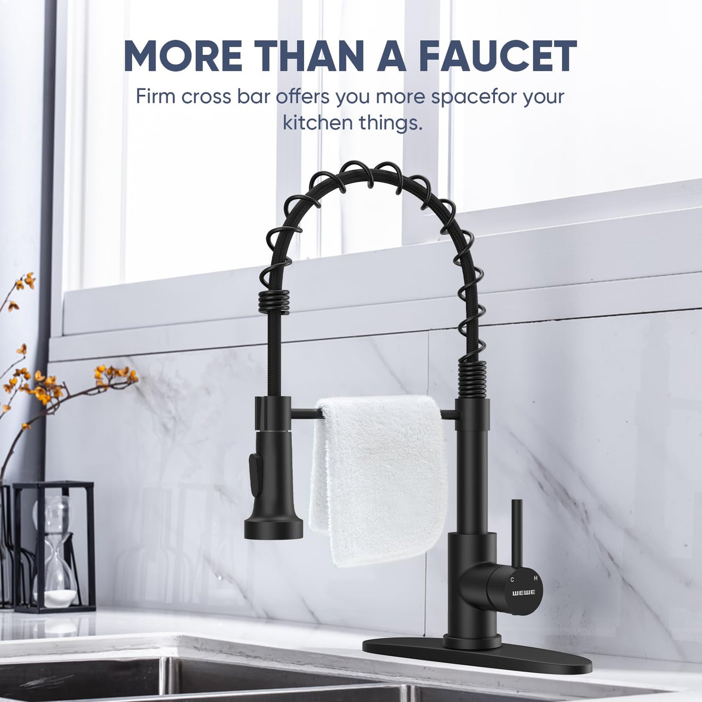 Kitchen Faucets with Pull Down Sprayer Commercial Industrial Stainless Steel Single Handle Single Hole Spring Farmhouse RV Sink Faucet, Matte Black Kitchen Faucet for Laundry Utility Room Sink