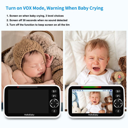HelloBaby No WiFi Baby Monitor 5" Screen 30-Hour Battery Pan-Tilt-Zoom Video Upgrade with Camera and Audio, Night Vision, VOX, 2-Way Talk, 8 Lullabies and 1000ft Range, HB6550
