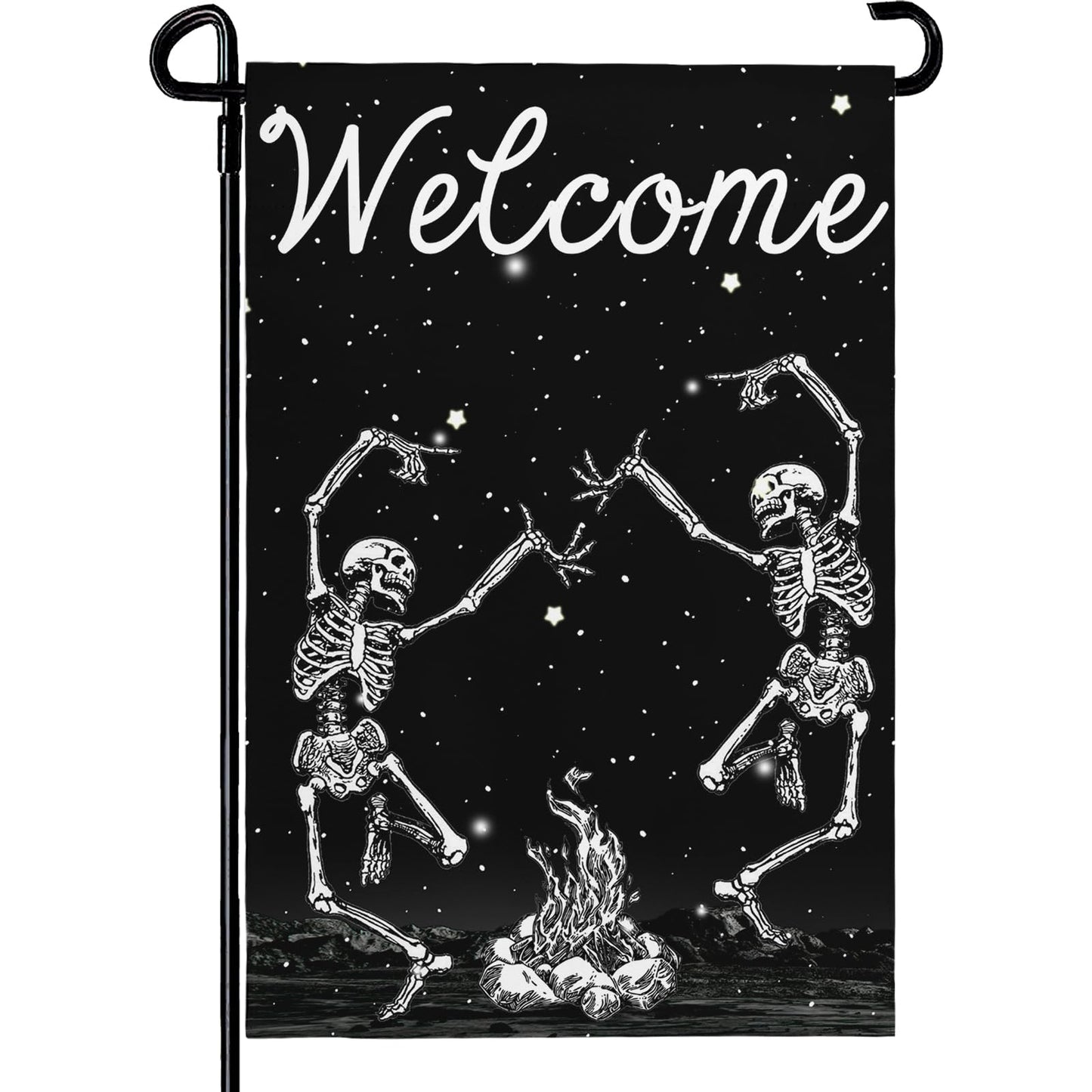 Cryfox Halloween Skull Welcome Garden Flags 12 x 18 Inch Dancing Human Skeletons Garden Flag for Outside Black Yard Flags Double Sided for Lawn Outdoor Decorations