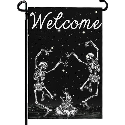 Cryfox Halloween Skull Welcome Garden Flags 12 x 18 Inch Dancing Human Skeletons Garden Flag for Outside Black Yard Flags Double Sided for Lawn Outdoor Decorations