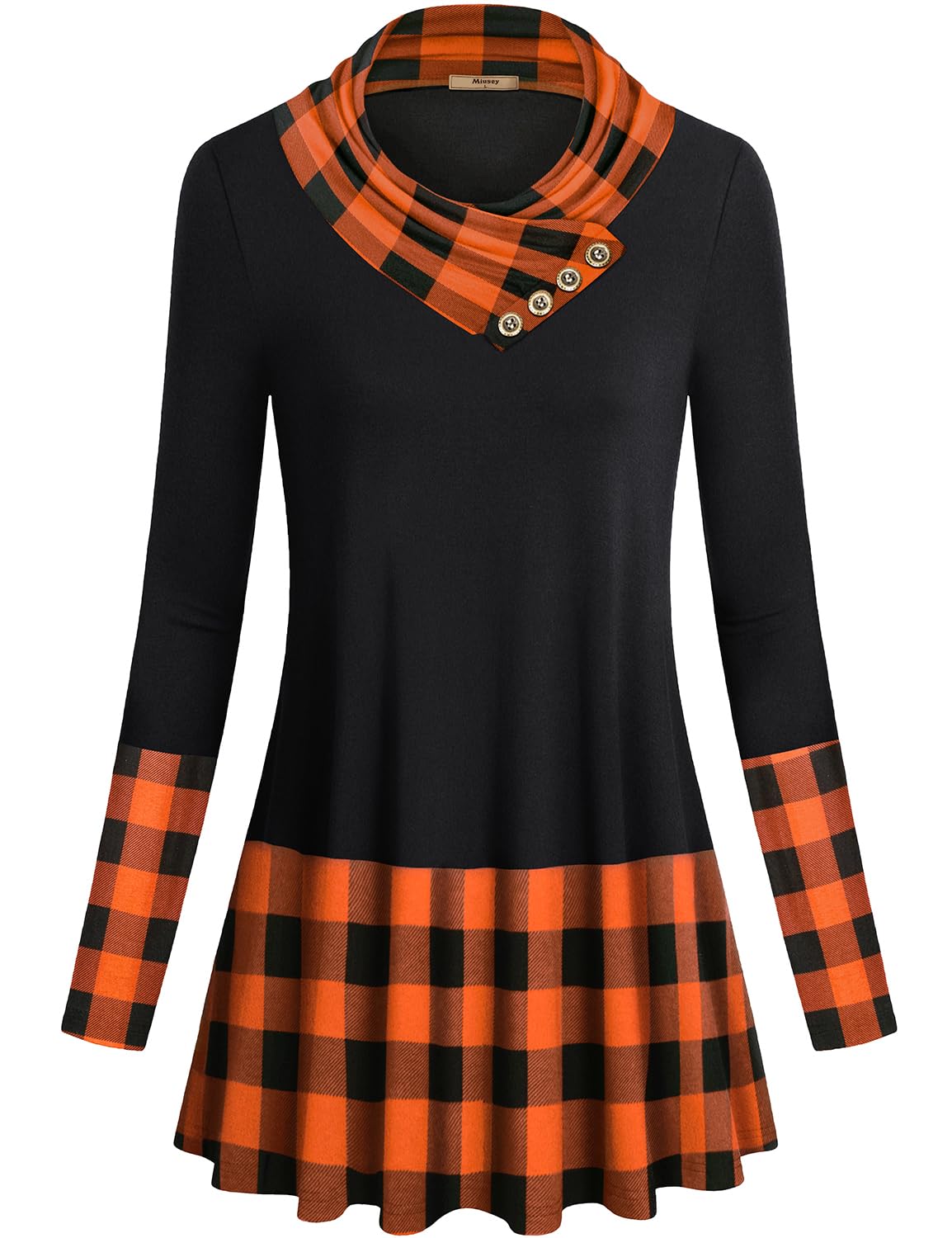 Miusey Halloween Tunics for Women Plus Size Plaid Sweaters Long Sleeve Leggings Shirts Trendy Womens Cowl Neck Tunic Sweatshirts Orange PLaid X-Large