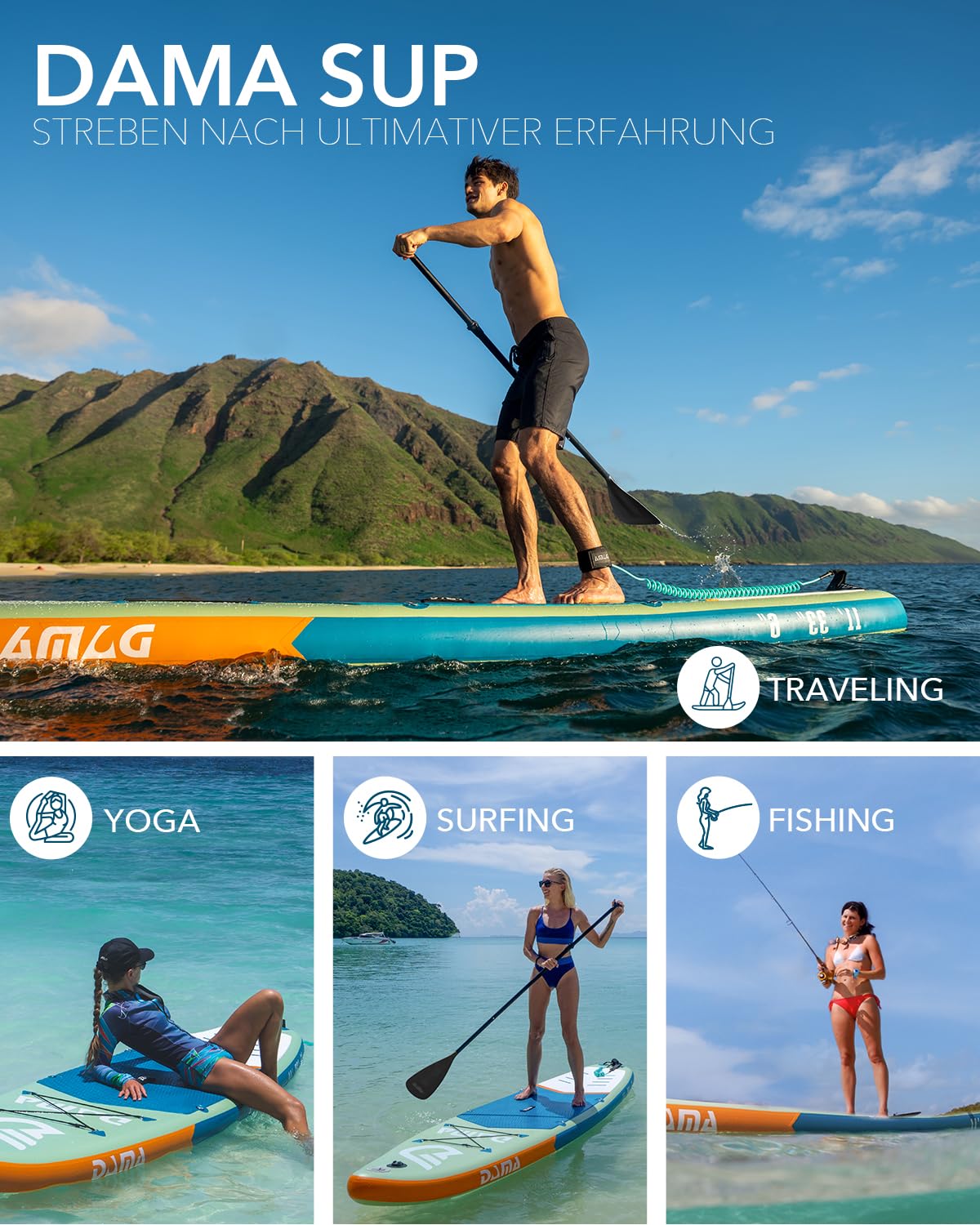 DAMA Inflatable Stand Up Paddle Board 11'x33" x6", Inflatable Yoga Board, Dry Bags, Camera Seat, Floating Paddle, Hand Pump, Board Carrier, Durable & Stable for 3 People