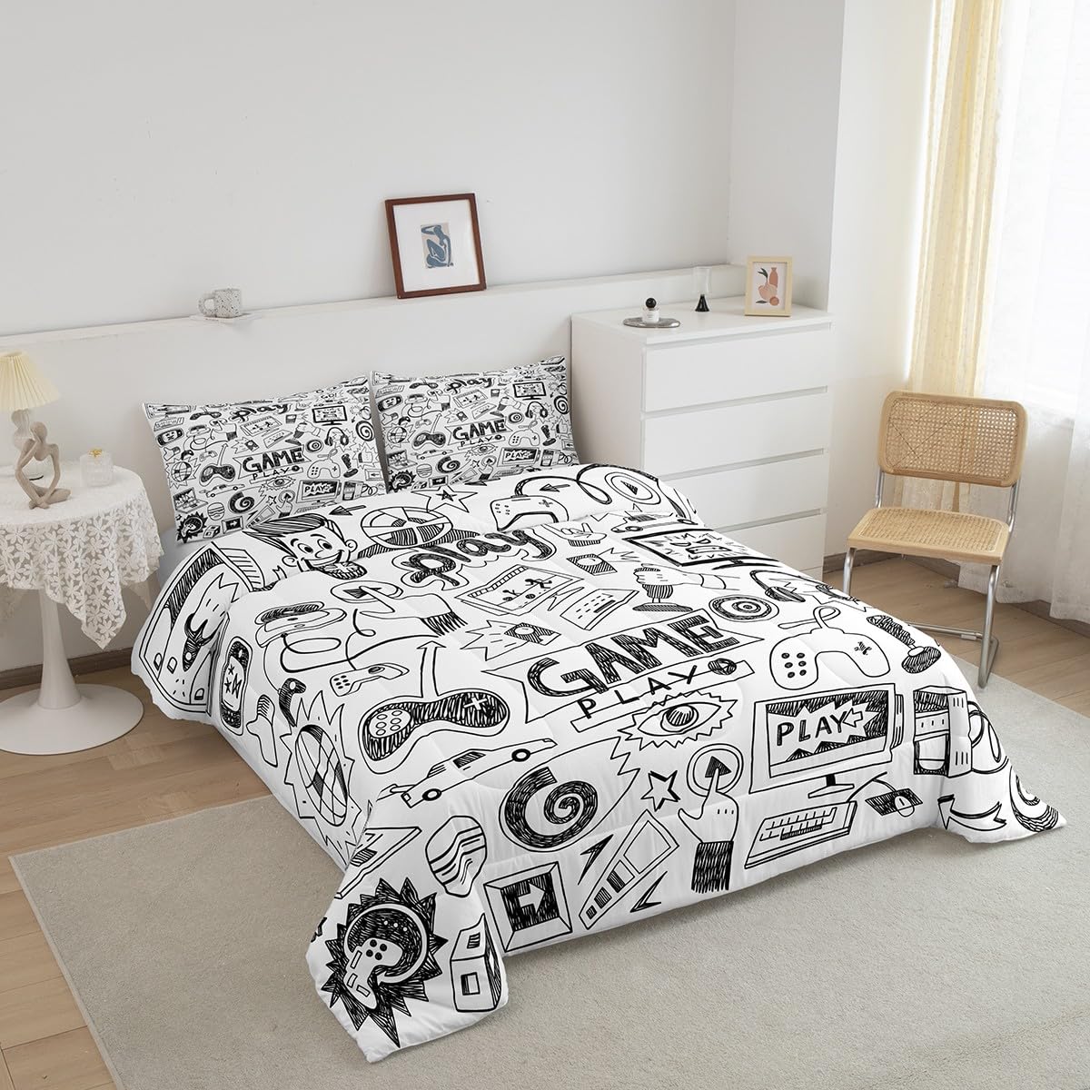 Erosebridal Gaming Comforter Set, Kids Gamepad Cartoon Bedding Set Video Games Gamers Duvet Set Queen Hip Hop Graffiti Quilt Set Racing Car Comforter Set, Black White Printed Bedroom Decor
