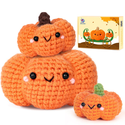 Crochetta Crochet Kit for Beginners, Crochet Starter Kit with Step-by-Step Video Tutorials, Crochet Animal Kits for Adults and Kids, DIY Craft Supplies, 3 Pack Halloween Pumpkins Family (40%+ Yarn)