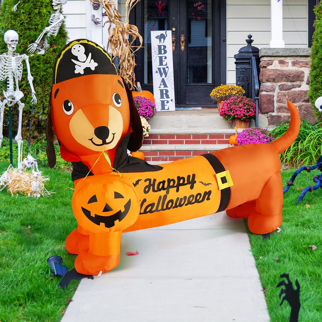 GOOSH 5 FT Halloween Inflatables Outdoor Decorations - Halloween Dog Blow Up Dachshund Inflatable with Build-in LEDs Pumpkin for Decpr Party Indoor Outdoor Yard Garden Lawn