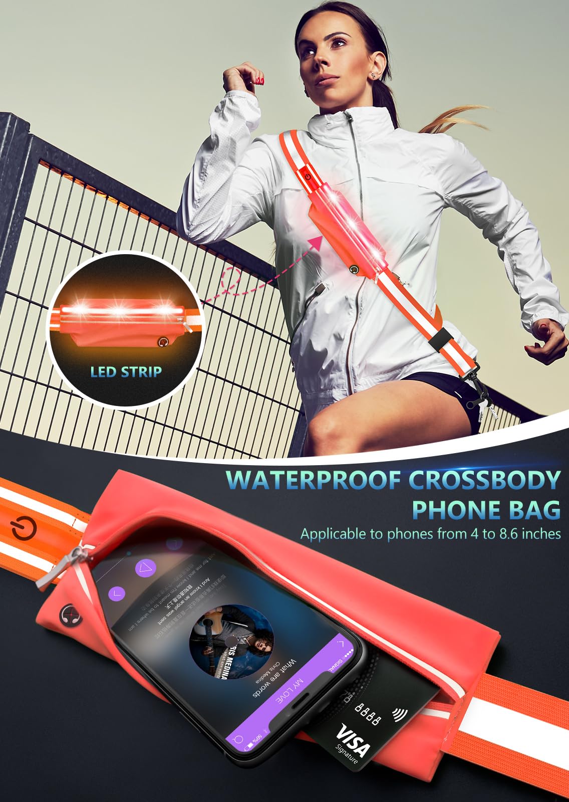 Fokia Kunbio LED Reflective Belt Sash for Walking at Night, Night Running Safety Gear High Visibility Rechargeable LED Light Up Running Belt for Runners Walkers Men Women