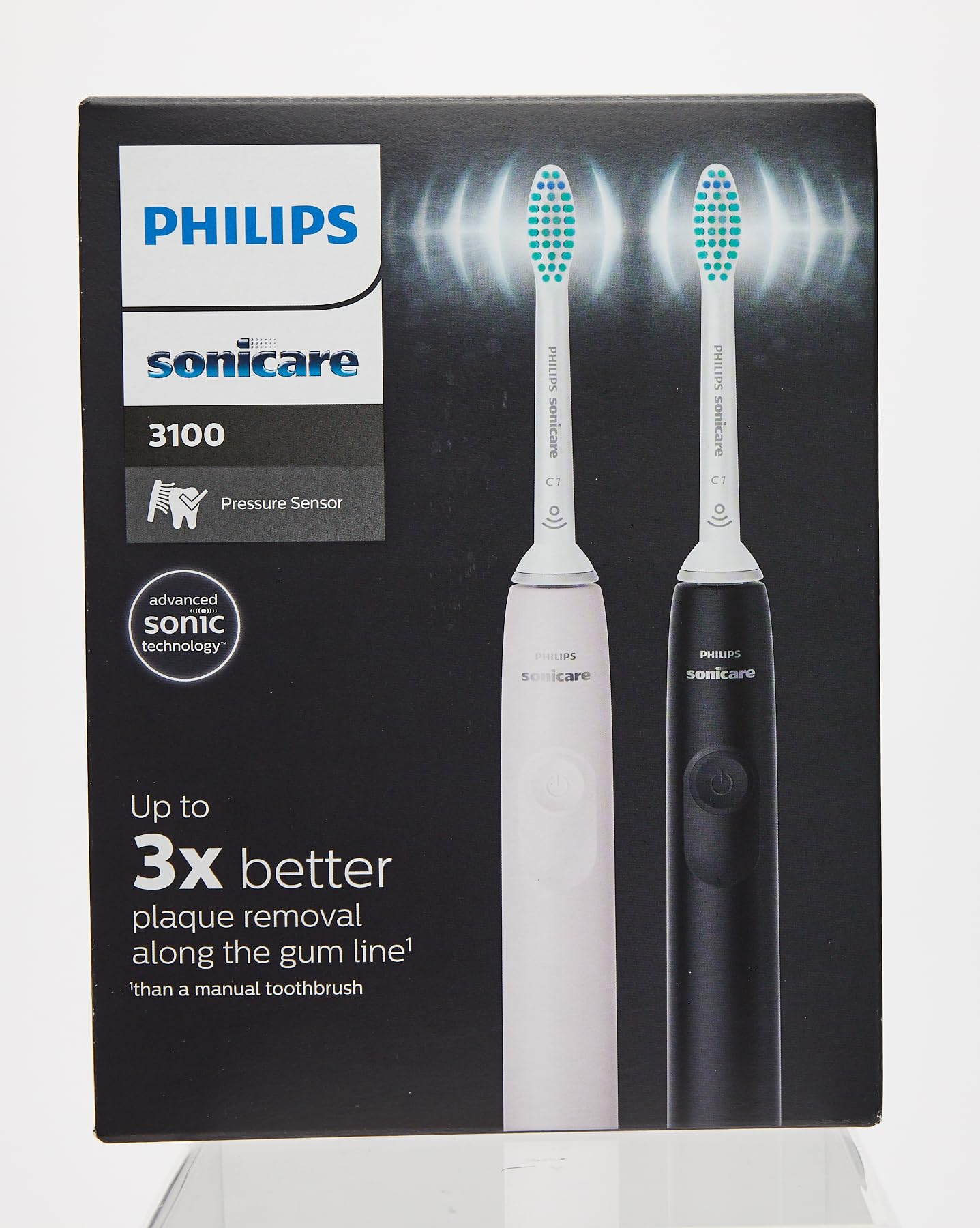Philips Sonicare 3100 Series Sonic Electric Toothbrush (Dual Pack) with Pressure Sensor and BrushSync replacement reminder (Black and White) (Black and White)
