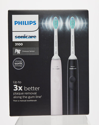 Philips Sonicare 3100 Series Sonic Electric Toothbrush (Dual Pack) with Pressure Sensor and BrushSync replacement reminder (Black and White) (Black and White)