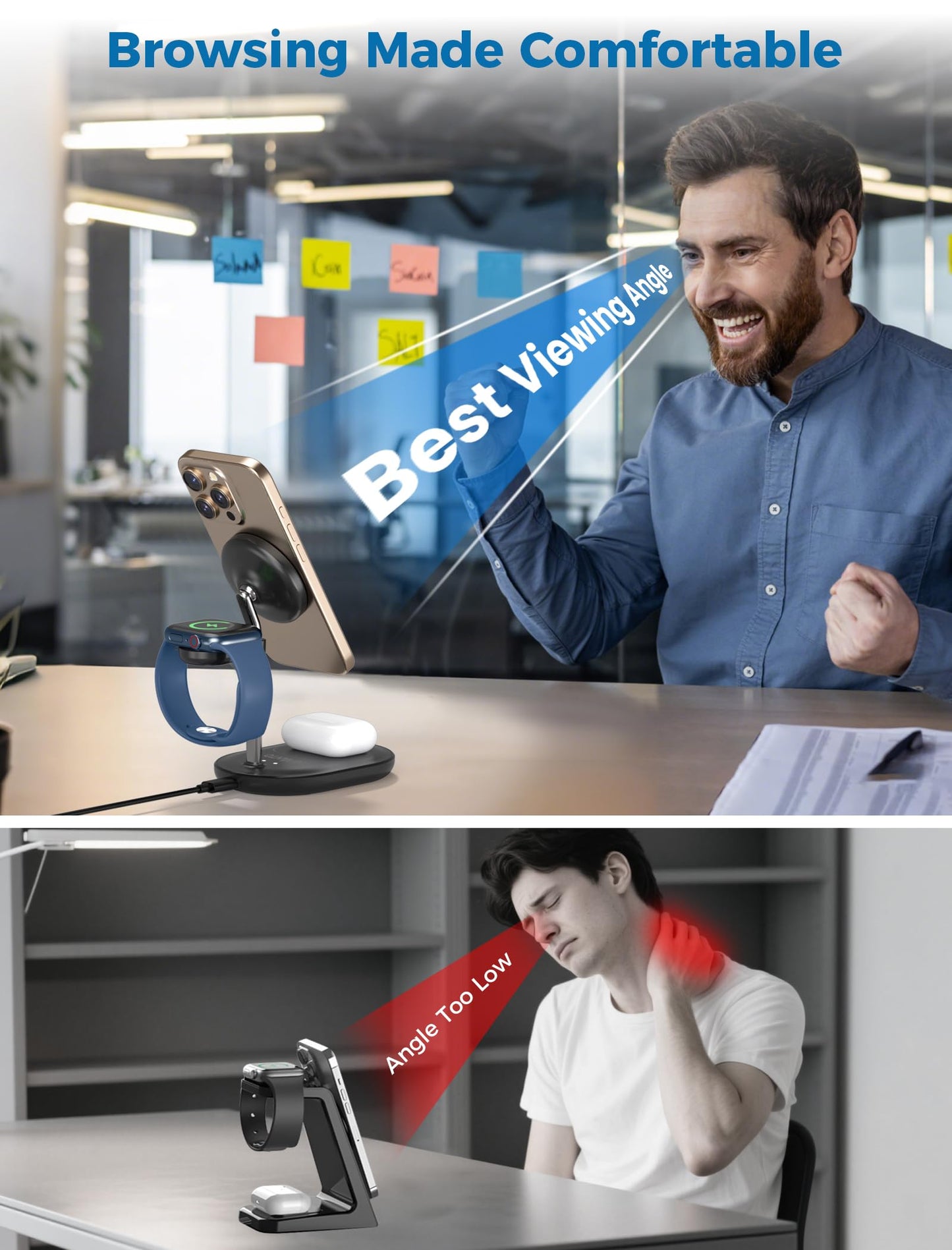 Hevanto 3 in 1 Wireless Charging Station for Apple MagSafe Charger, 15W Fast Qi-Certified Magnetic Mag-Safe Charger Stand for iPhone 16 15 14 13 12 Apple Watch AirPods, Adjustable Angle,Gifts for Men